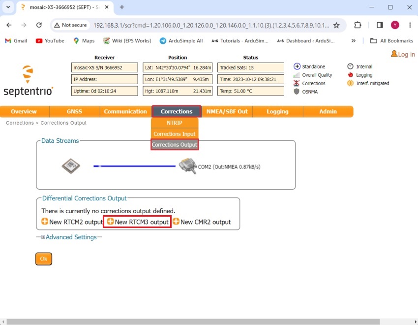 how to configure simpleRTK3B as static base station Septentrio8